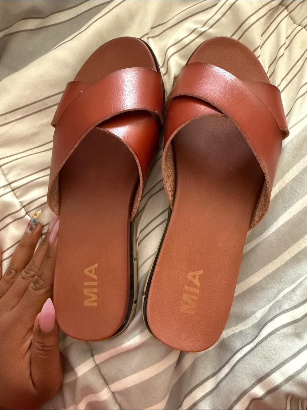 MIA Cognac Brown Leather Crisscross Slide Sandals